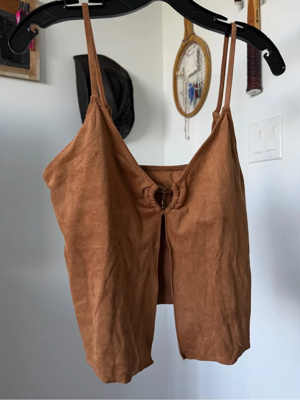 Frankie's Bikinis Brown Suede-Look Ring-Front Swim Top